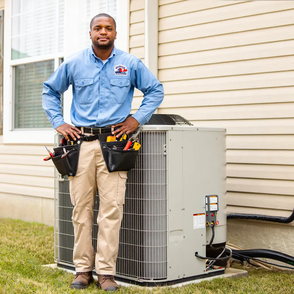 HVAC repair technician diagnosing a heating and cooling system